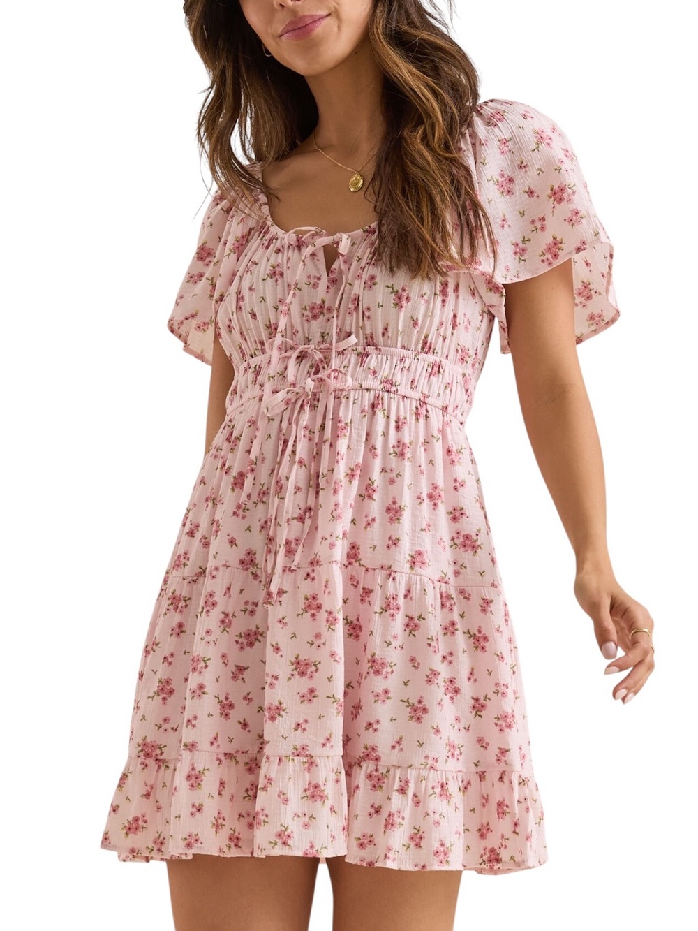 Blu Pepper Romantic Coquette Floral Pink Front Ties And Ruffles Mini Dress Small